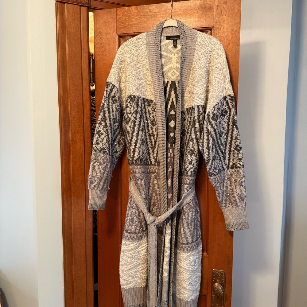White House Black Market Geometric Knit Cardigan - Gray, Black and Cream